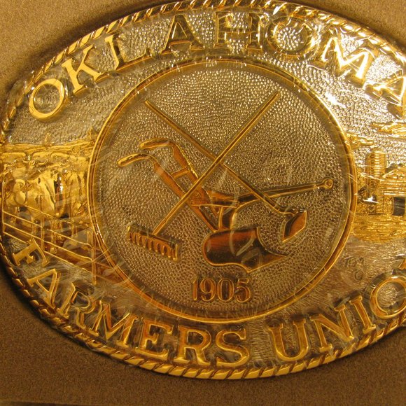 Vintage Oklahoma Farmers Union Solid Brass Belt Buckle - Picture 2 of 3